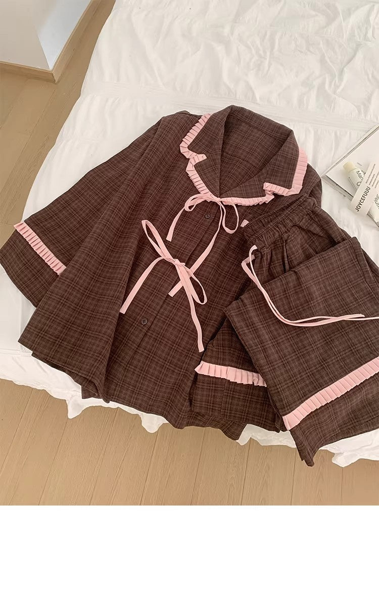 Womens Lace-Trimmed Plaid Top And Pants Set