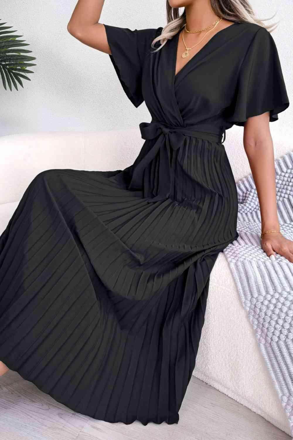 Pleated Flutter Sleeve Belted Dress for Casual Wear