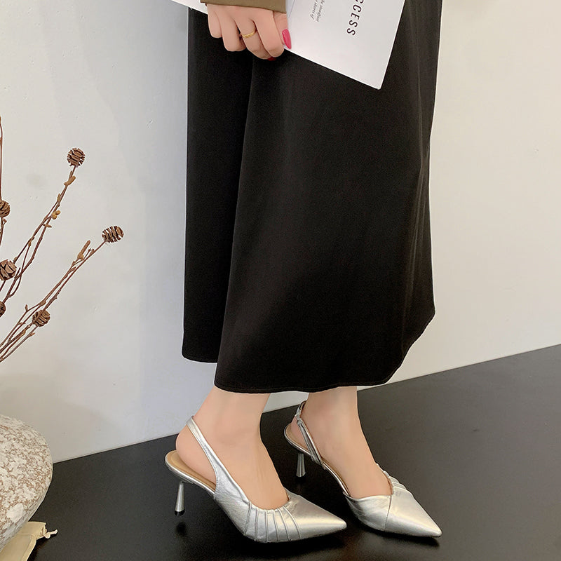 Women French Ruched Pleated Front Pointed Toe Slingback Kitten Heels, Soft Leather Backless Slip On Minimalist Casual Daily Dress Mule Pumps