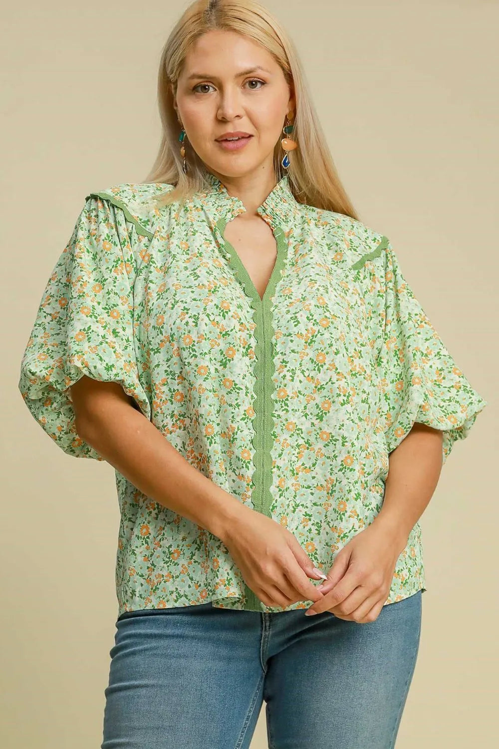Umgee Full Size Floral Print Puff Sleeve Top Plus Size