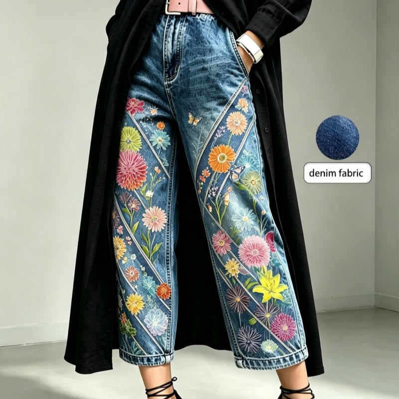 Mid-rise Wide-leg Denim Capri Pants