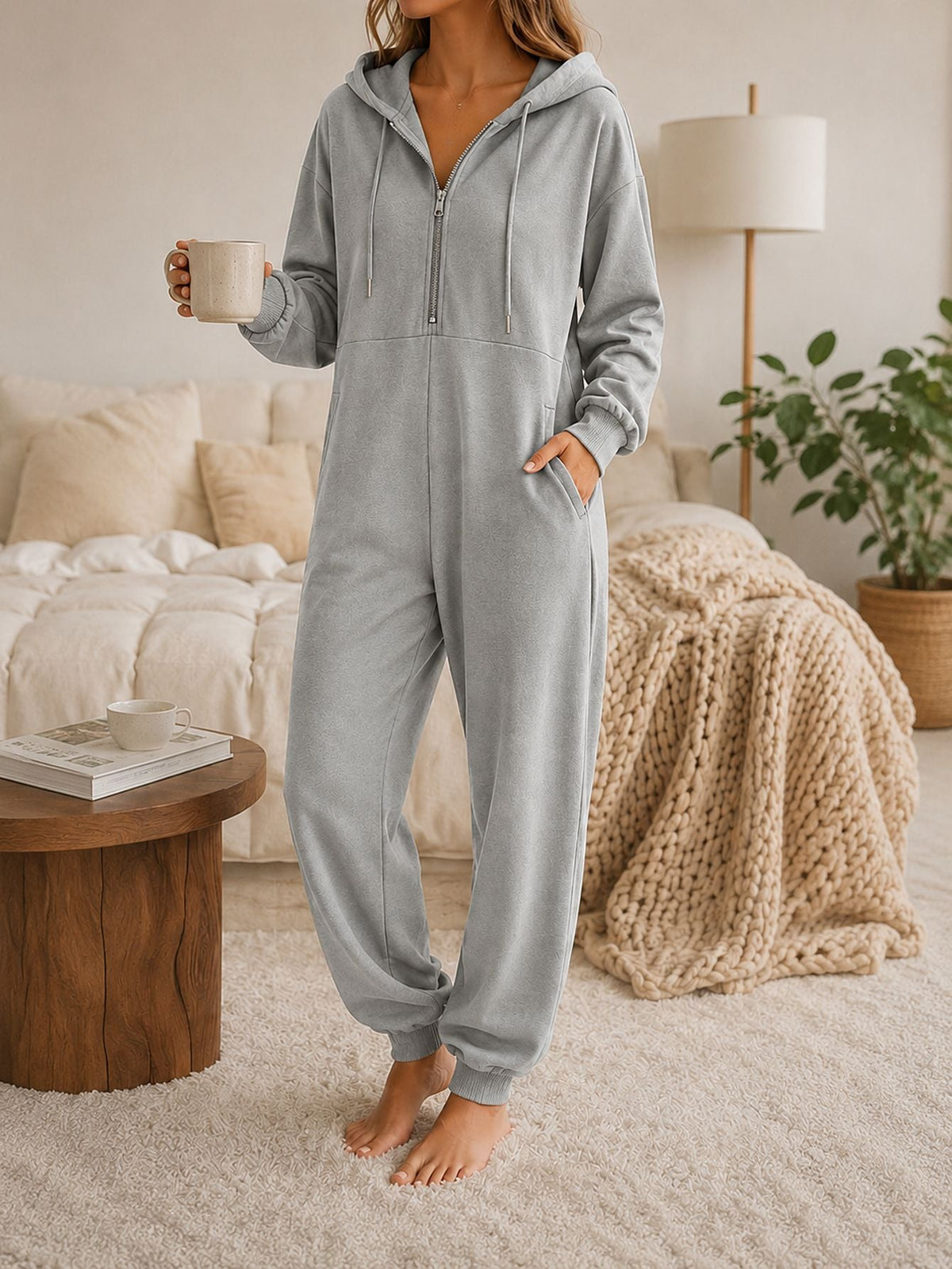 Hooded Zip-up Casual Loose-fitting Jumpsuit