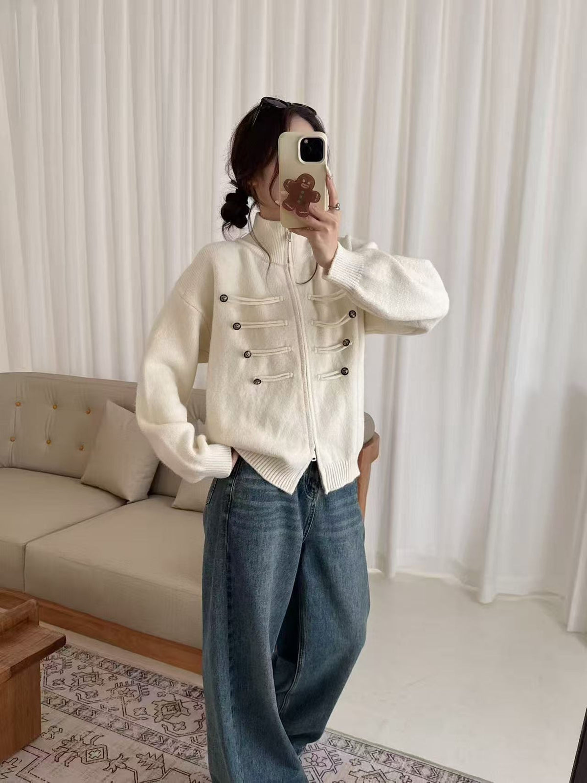 Women Niche-Design Cropped Knit Cardigan New Autumn-Winter Stand-Collar Double-Zipper Sweater Coat