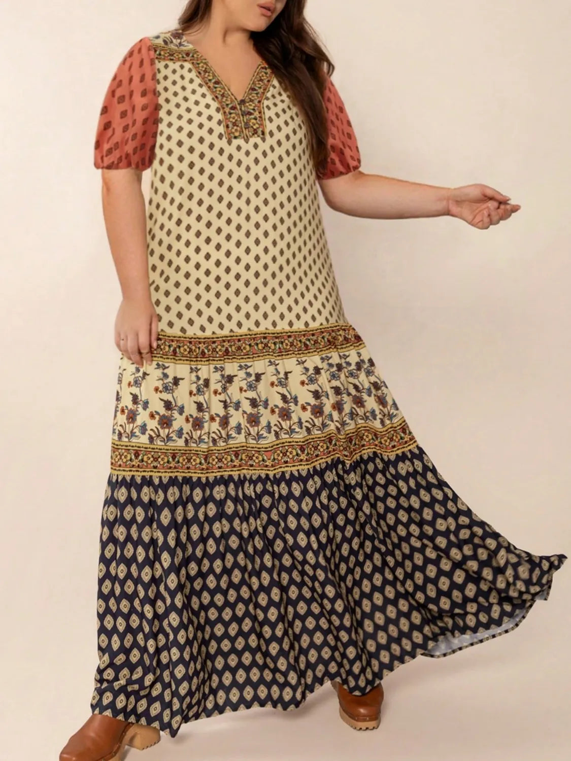 Plus Size Ruched Printed Short Sleeve Midi Dress