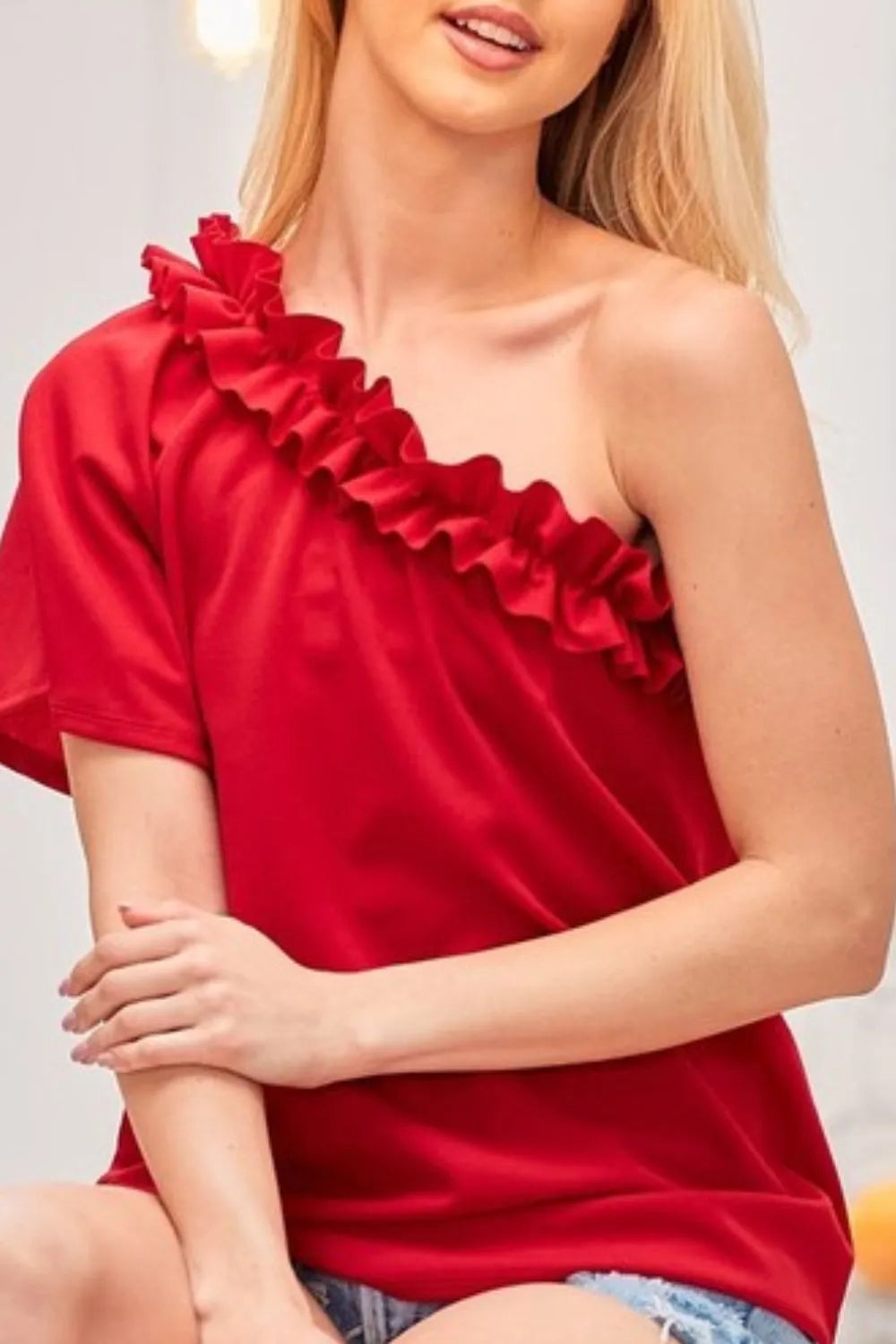 BiBi Ruffled Asymmetrical Crepe One Shoulder Top
