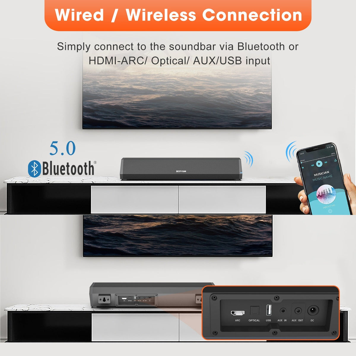 Small Wholesale Echo Wall Soundbar Bar TV Speaker Wireless Home Theater 40W High Power Sound Heater