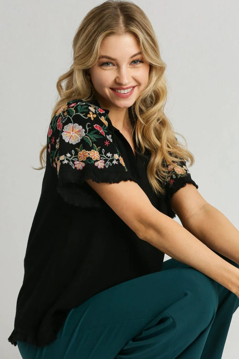 Umgee Full Size Linen Shirt with Embroidered Sleeves Plus Size