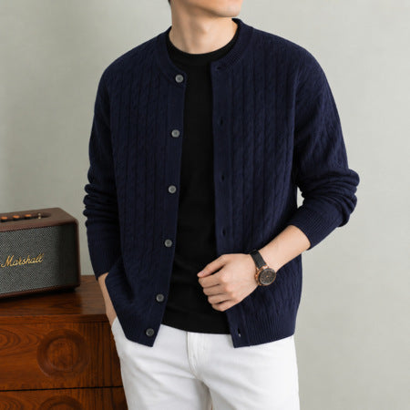 Men's Round-Neck Cable-Knit Cardigan Solid-Color Single-Breasted Sweater Coat