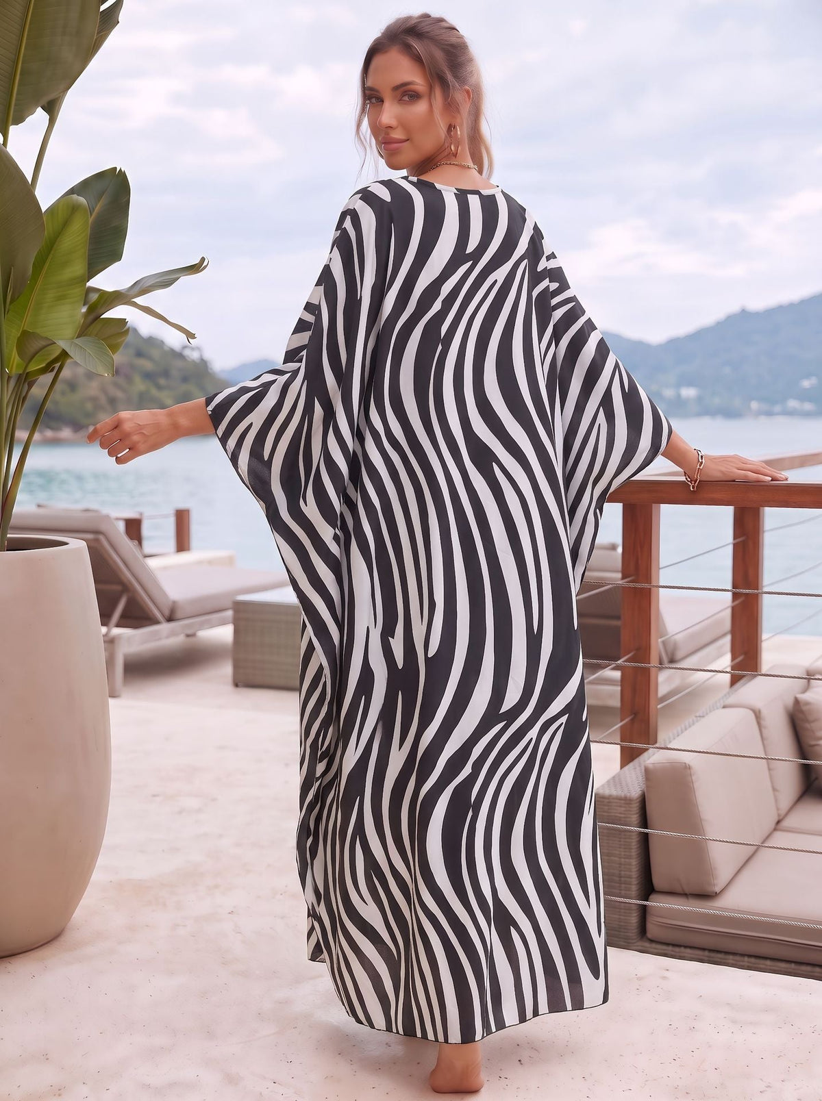 Zebra Printing Beach Cover-ups V-Neck Batwing Sleeves Summer Caftan Dress