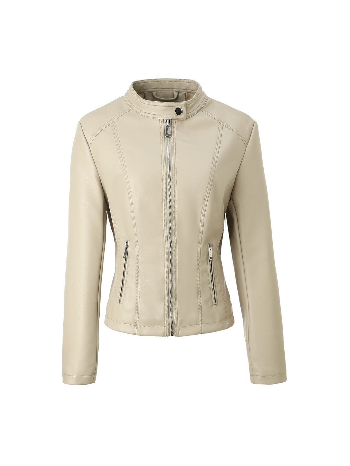 Women's Stand-collar Zip-up Biker PU Leather Jacket