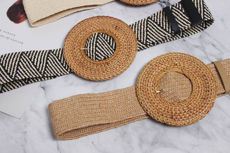 Versatile Oversized Round Buckle Straw Elastic Belt