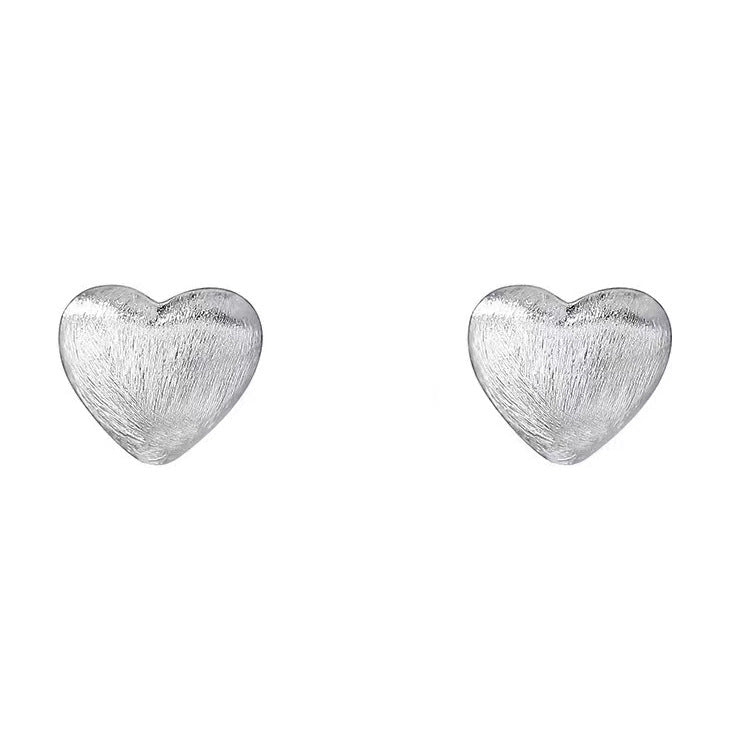 999 Fine Silver Brushed Heart Stud Earrings Womens Light-luxury Simple And Versatile