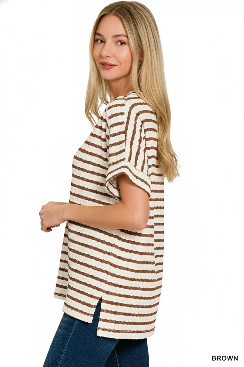 Zenana Stripe Jacquard Round-Meck Tee