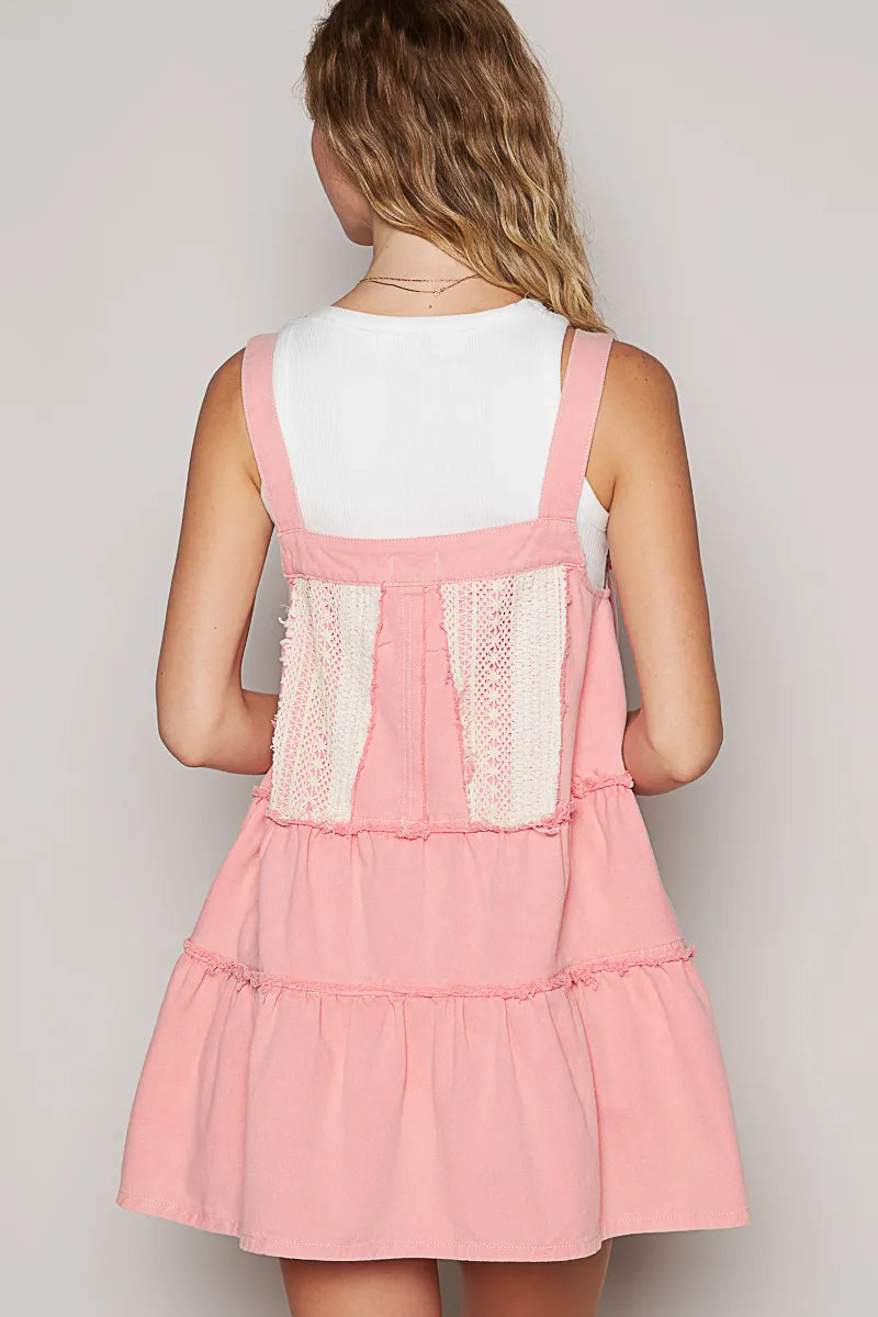 POL Lace Patchwork Detail Denim luxury Dress