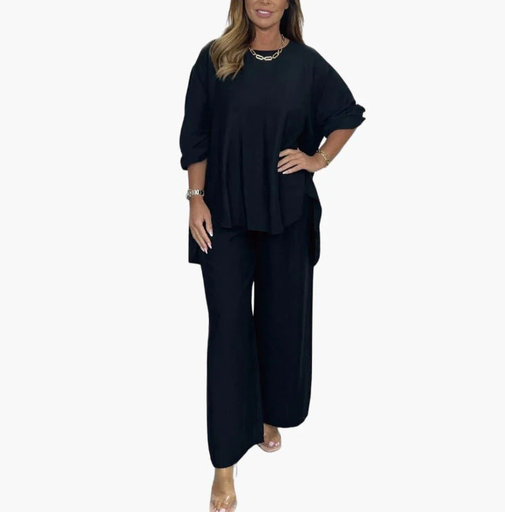 Solid-color Loose-fitting Casual Womens Fashion Two-piece Set