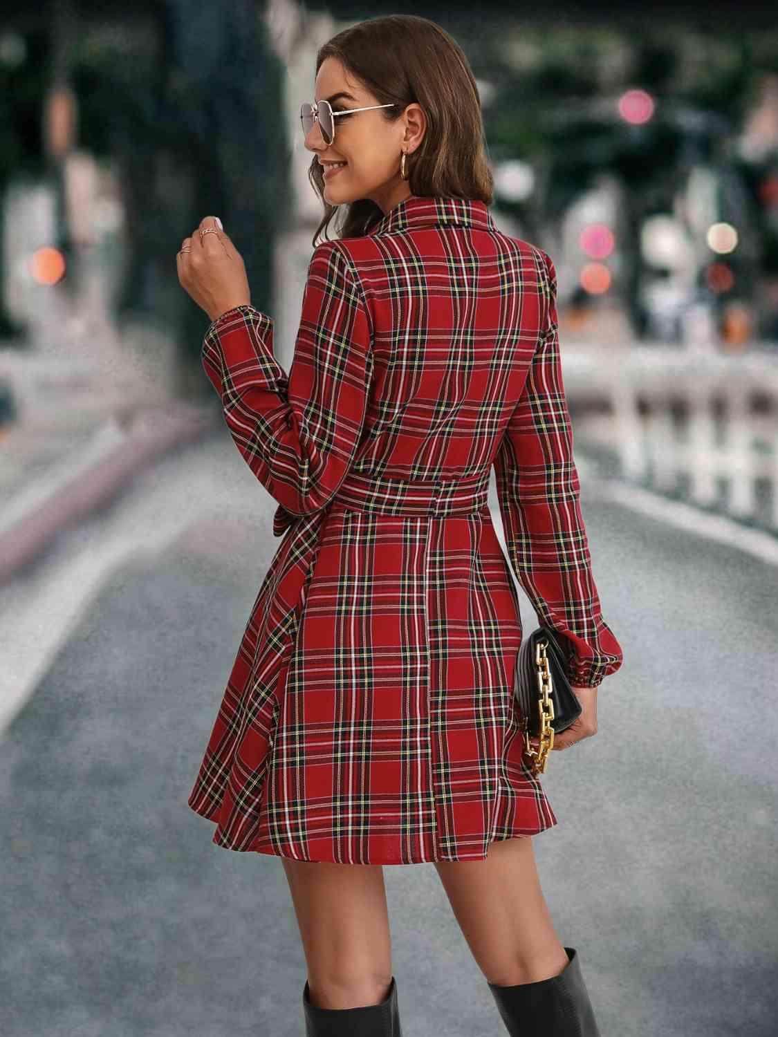 Plaid Tie Front Collared Neck Long Sleeve Dress For Women