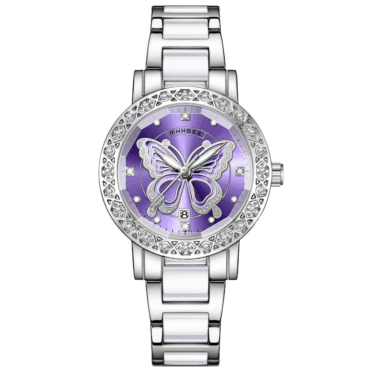 Butterfly Diamond-encrusted Luxury Women's Watch With Calendar And Steel Strap