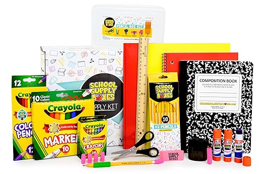 Back to School Supply Box Grades K-5 - School Supply Boxes - 32 Piece School Supplies Kit Includes Markers, Crayons, Pencils, Scissors, Folders, Glue Sticks, Notebook, and Composition Book