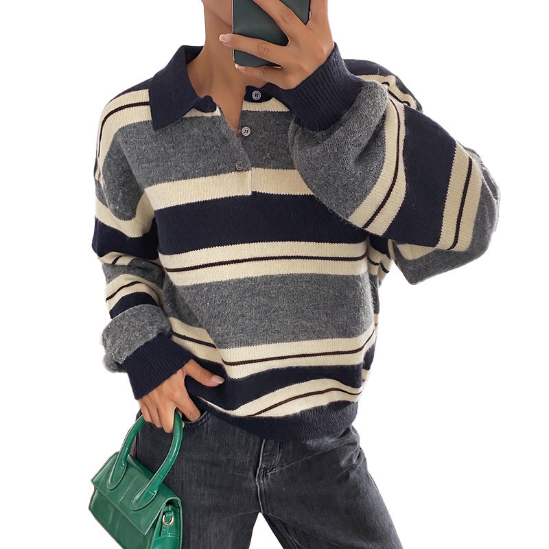 Loose-fitting Striped Color-block V-neck Half-zip Knit Sweater