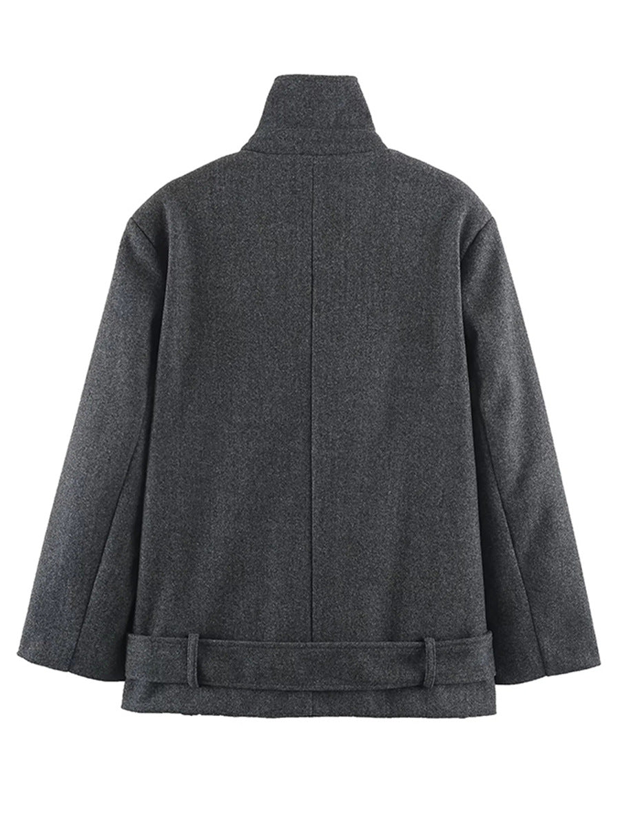Double-Breasted Wool-Blend Short Coat With Scarf Collar & Belt