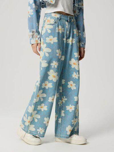 Pocketed Floral Wide Leg Jeans for Stylish Comfort