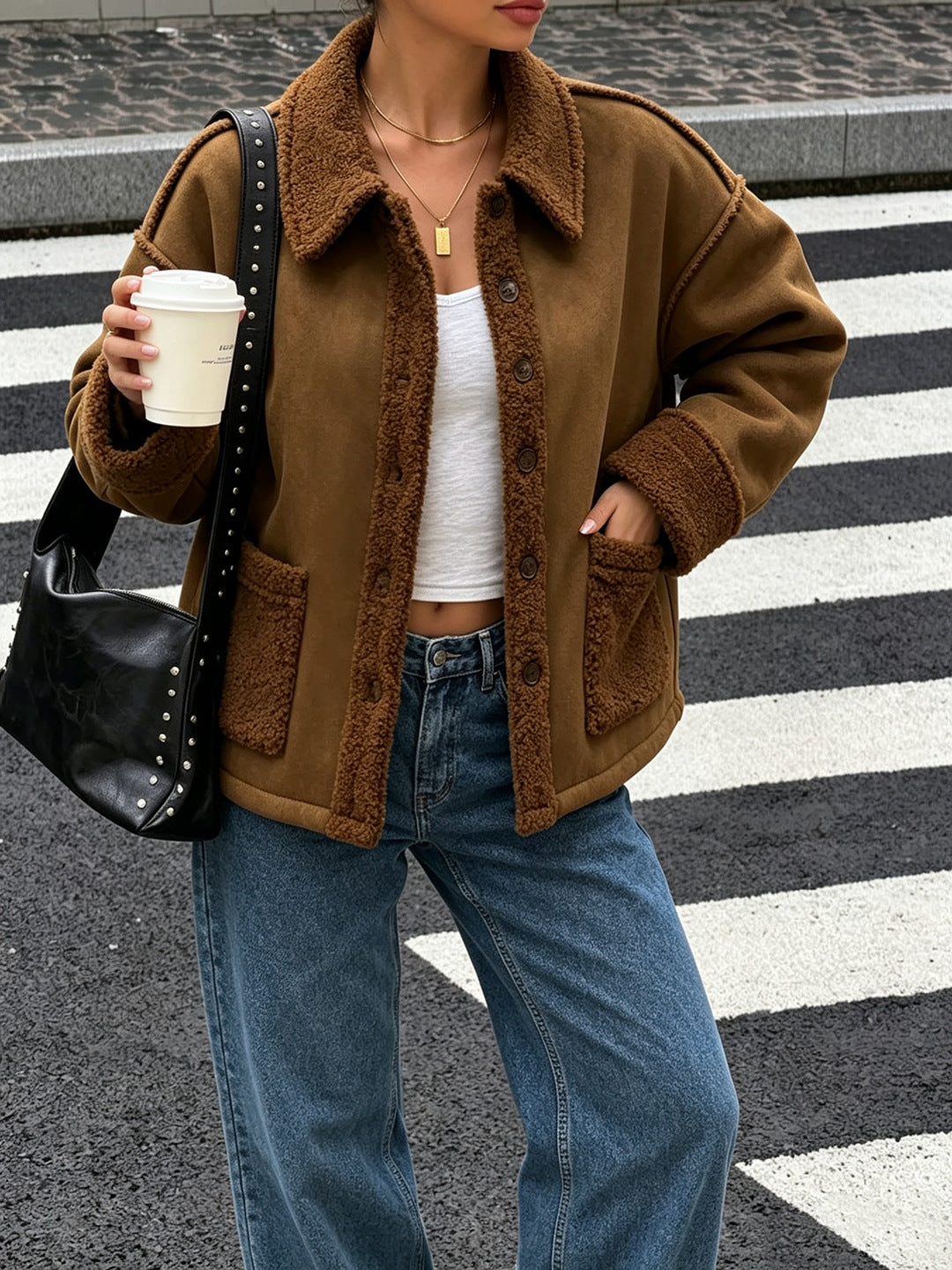 Lamb Wool Collar Loose-fitting Short Warm Jacket
