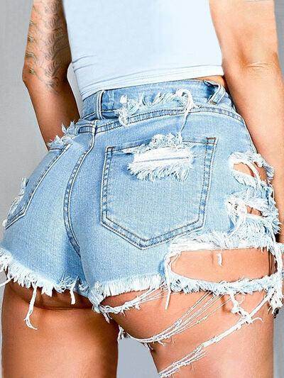 Distressed Raw Hem Denim Shorts with Pockets for Women