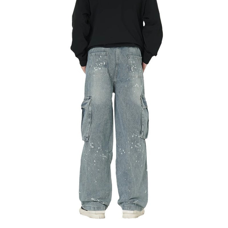 Mens Wide-leg Denim Washed Work Pants With Large Pockets