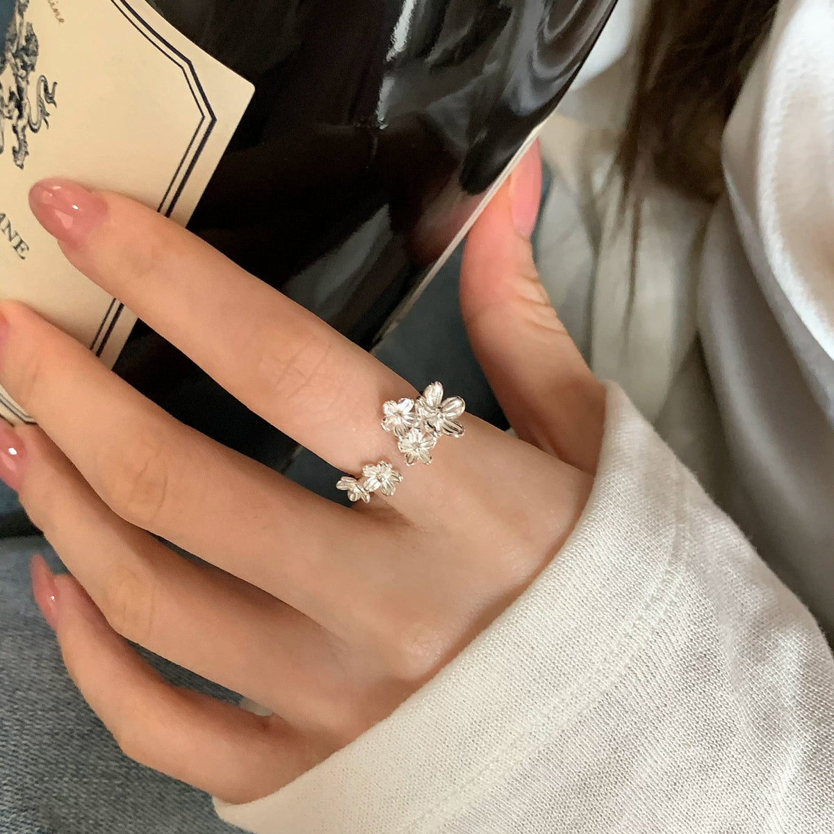New Arrival 3D Flower Cluster Adjustable Open Ring For Ladies, Mori Style Niche Gentle Versatile Stainless Steel Finger Jewelry
