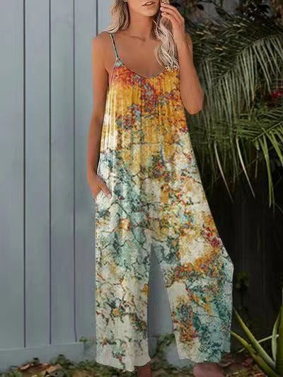 Sexy Wide-Leg Printed Jumpsuit with Strap for Women