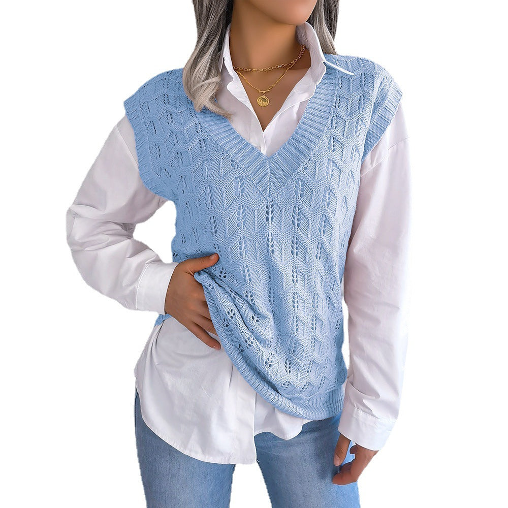 Hollow-out Wave-patterned V-neck Knitted Vest Sweater