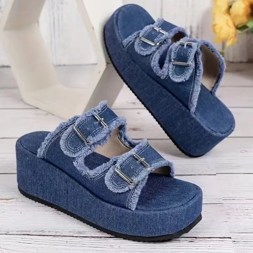 Selvanelle Raw Hem Wedge Buckle Sandals For Women