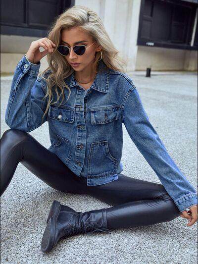 Pocketed Button Down Collared Neck Denim Top for Women