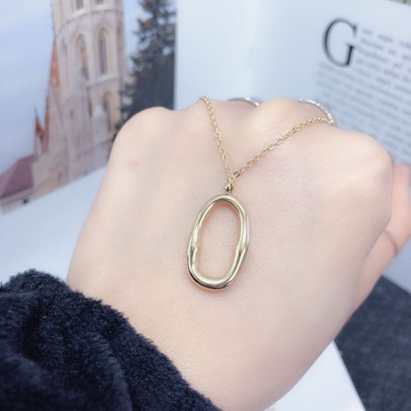 Oval Hollow Pendant K Gold Titanium Steel Necklace