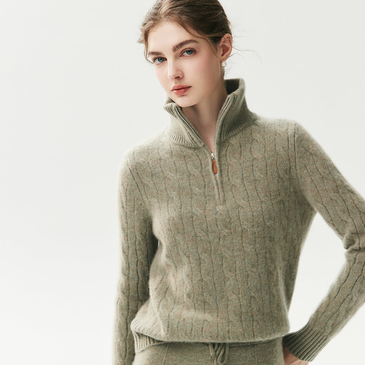 Half-Zip Cable-Knit High-Neck Goat Cashmere Sweater