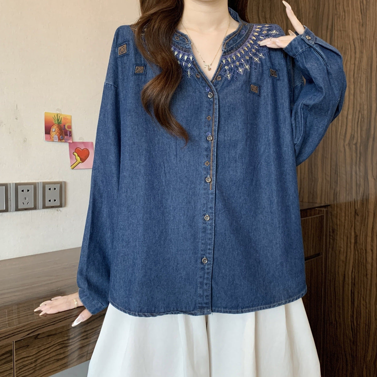 Retro Ethnic-Style Embroidered Denim Shirt For Women