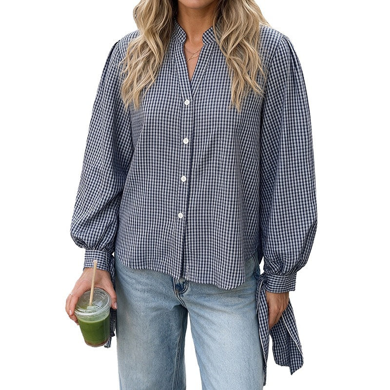 Gingham Plaid Tie-Cuff V-Neck Blouse