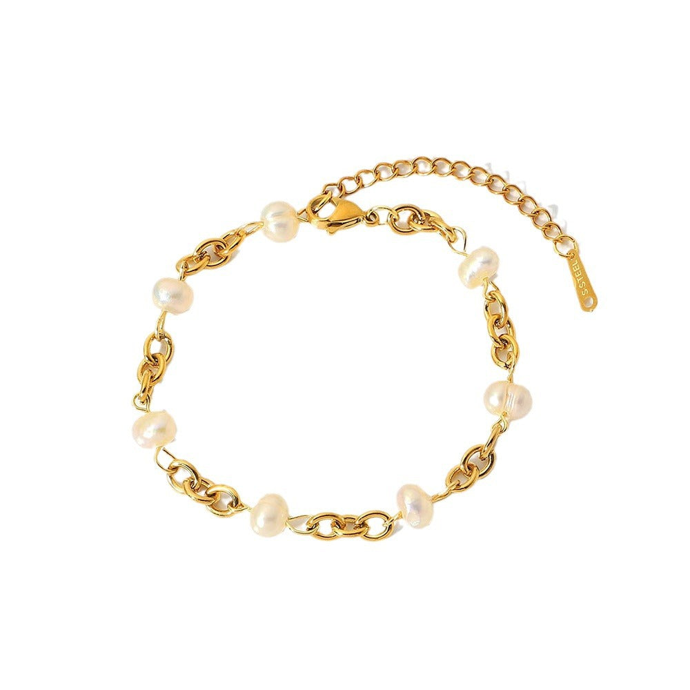 K Gold Stainless Steel Bracelet 6 Water Pearl Chain