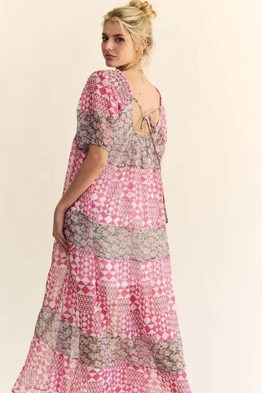 Davi & Dani Multi Floral Square Neck Puff Sleeve Maxi Dress