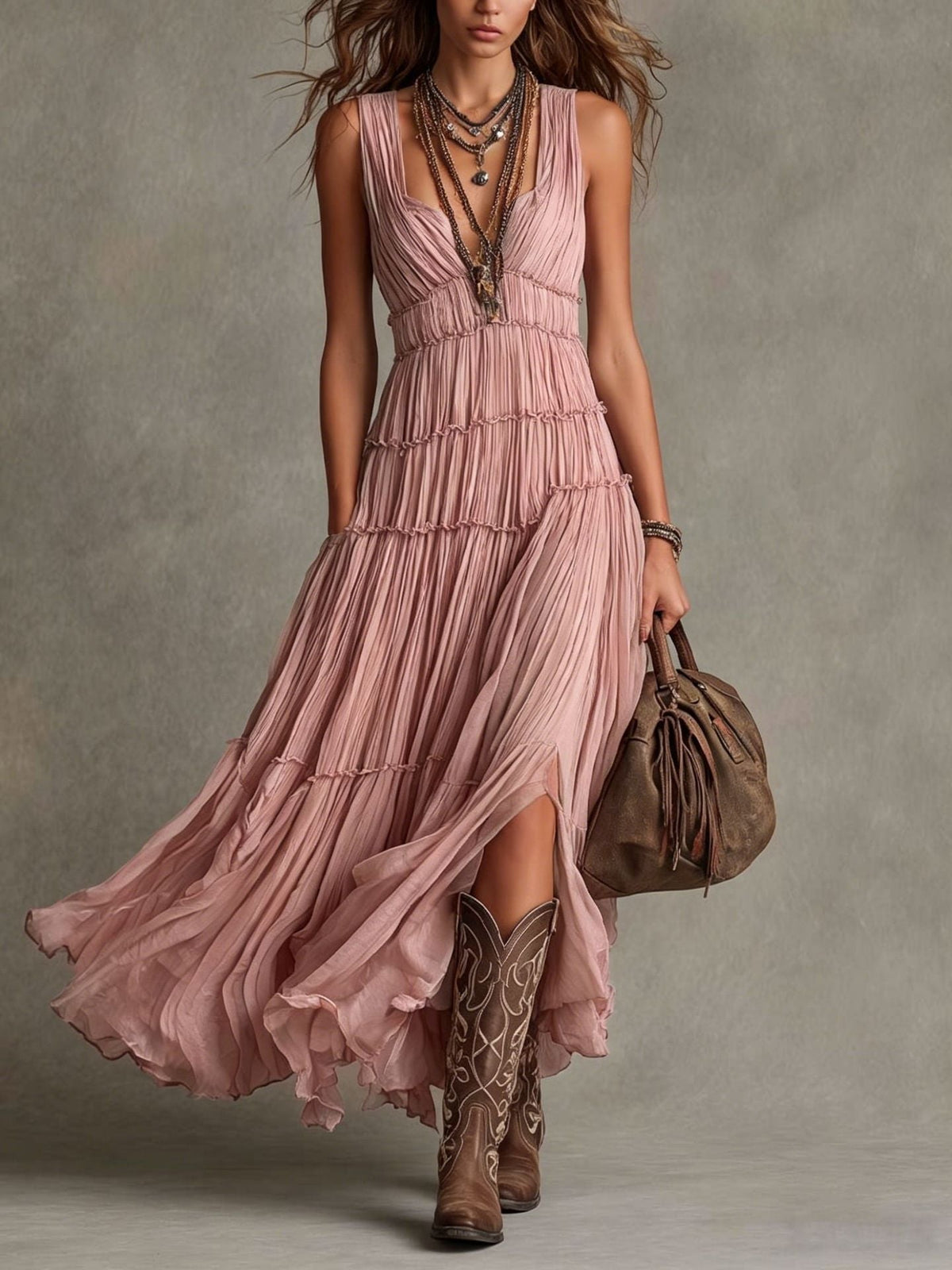 Womens Round-neck Sleeveless Loose-fitting Pleated Dress