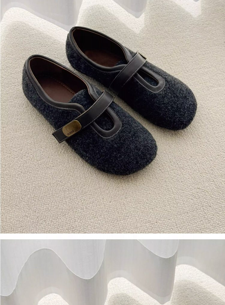 Women Autumn New Round Toe Woolen Retro Velcro Ballet Flats