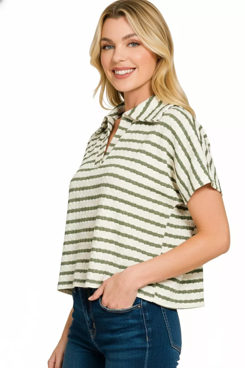 Zenana Striped Split Neck Collared Top
