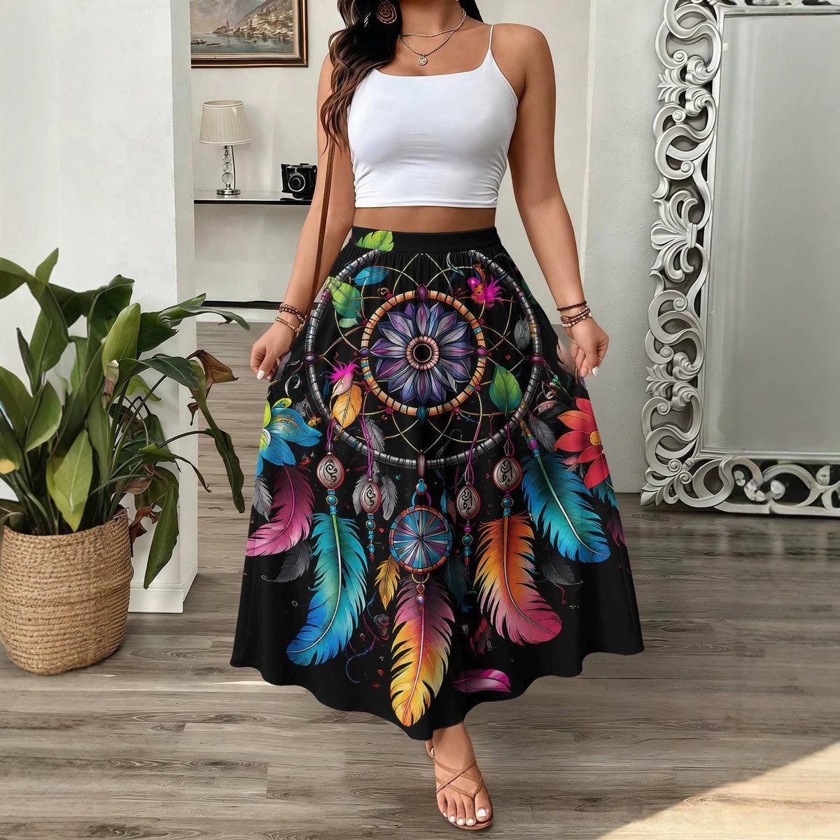 Womens 3D-printed Elastic High-waist Skirt