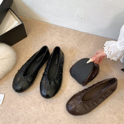 Retro-style Pleated Ballet Flats For Women