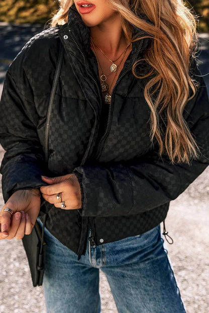 Checkered Turtleneck Zip Up Long Sleeve Winter Coat Style
