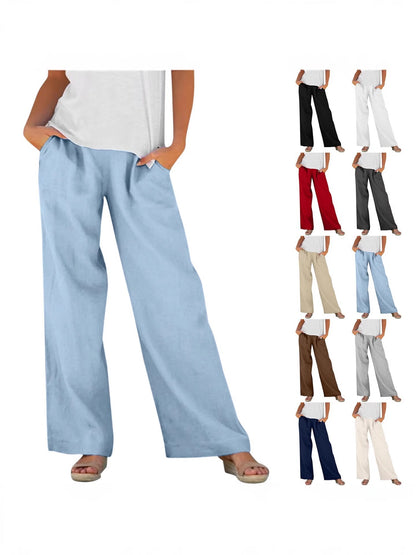 Solid-color Loose-fitting Elastic-waist Wide-leg Casual Pants