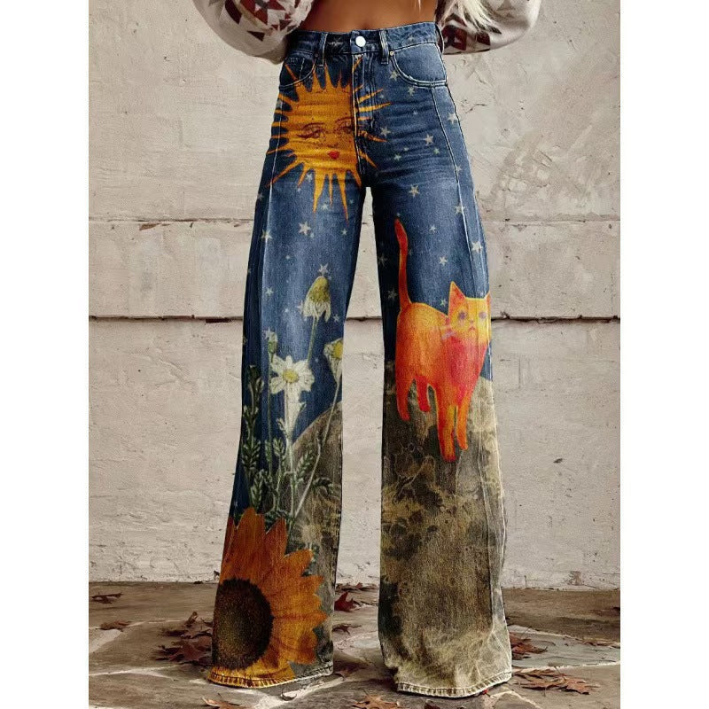 Women's Casual Wide-leg Pants Low-rise Denim Straight-leg Style