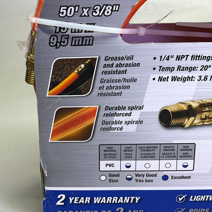TRU-FLATE PVC Air Hose 1/4" NPT Fittings 300 PSI 50' x 3/8" Orange 576-50A
