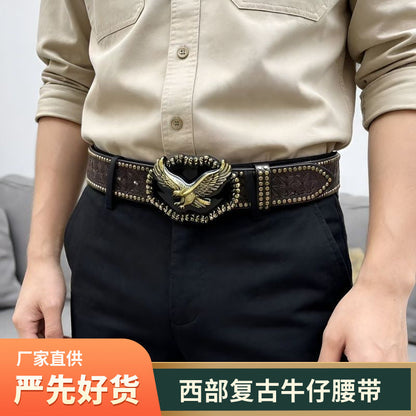 Western Cowboy Belt, Youth Punk Embossed Men's Studded Leather Belt, In-Stock Wholesale Ethnic Style Belt