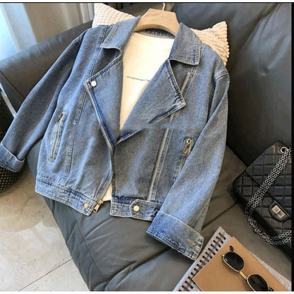 Fashion Motorcycle Lapel Long-sleeve Zipper Denim Jacket